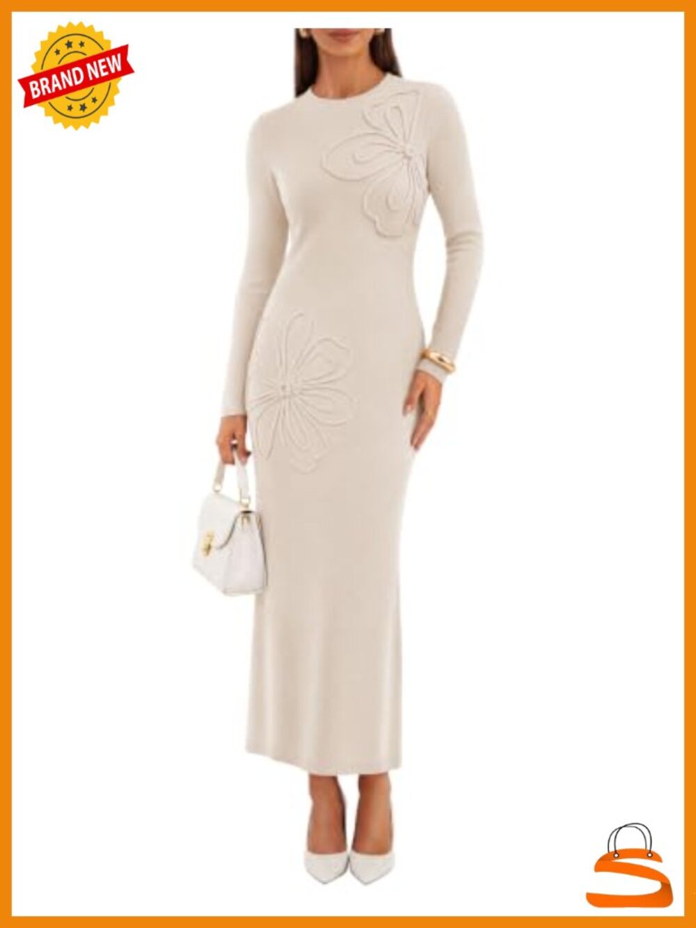 ZESICA Floral Knit Long Sleeve Bodycon Maxi Sweater Dress